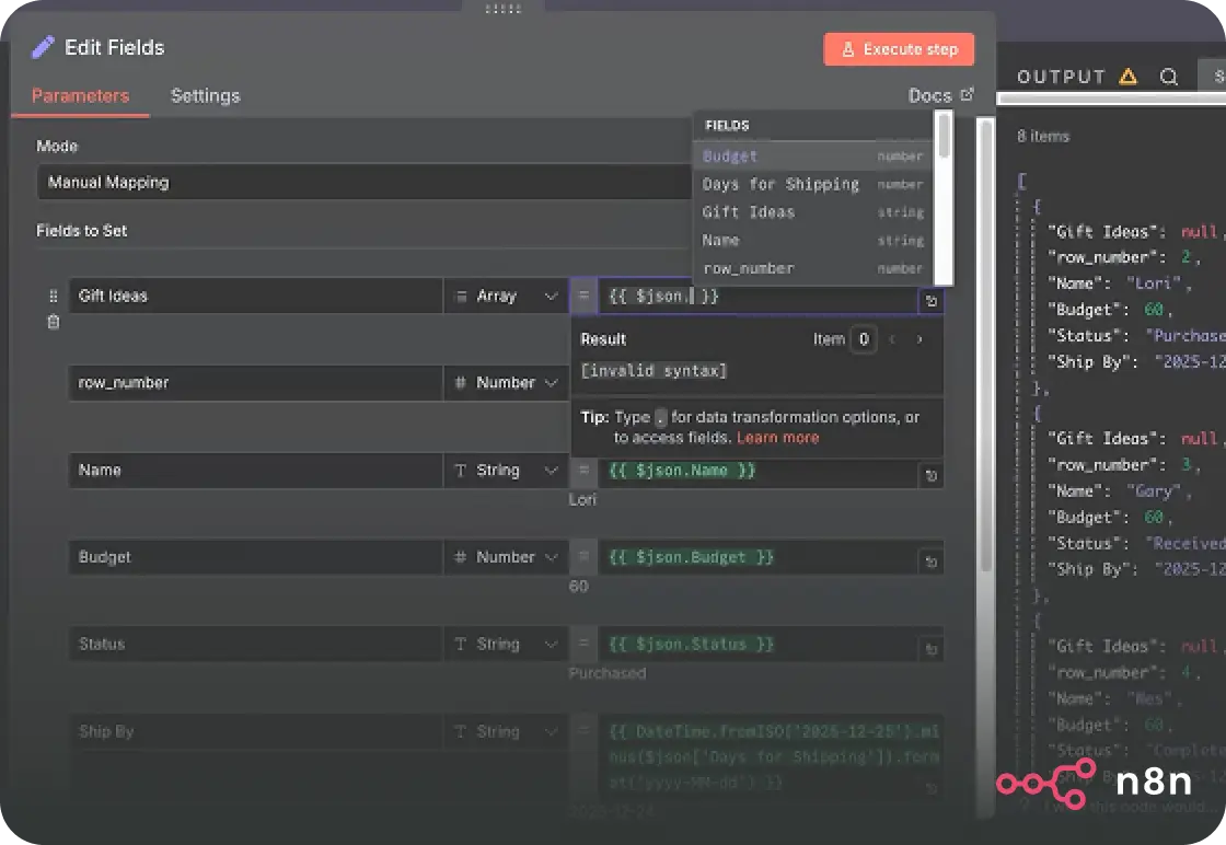 n8n workflow editor with code and JSON panels