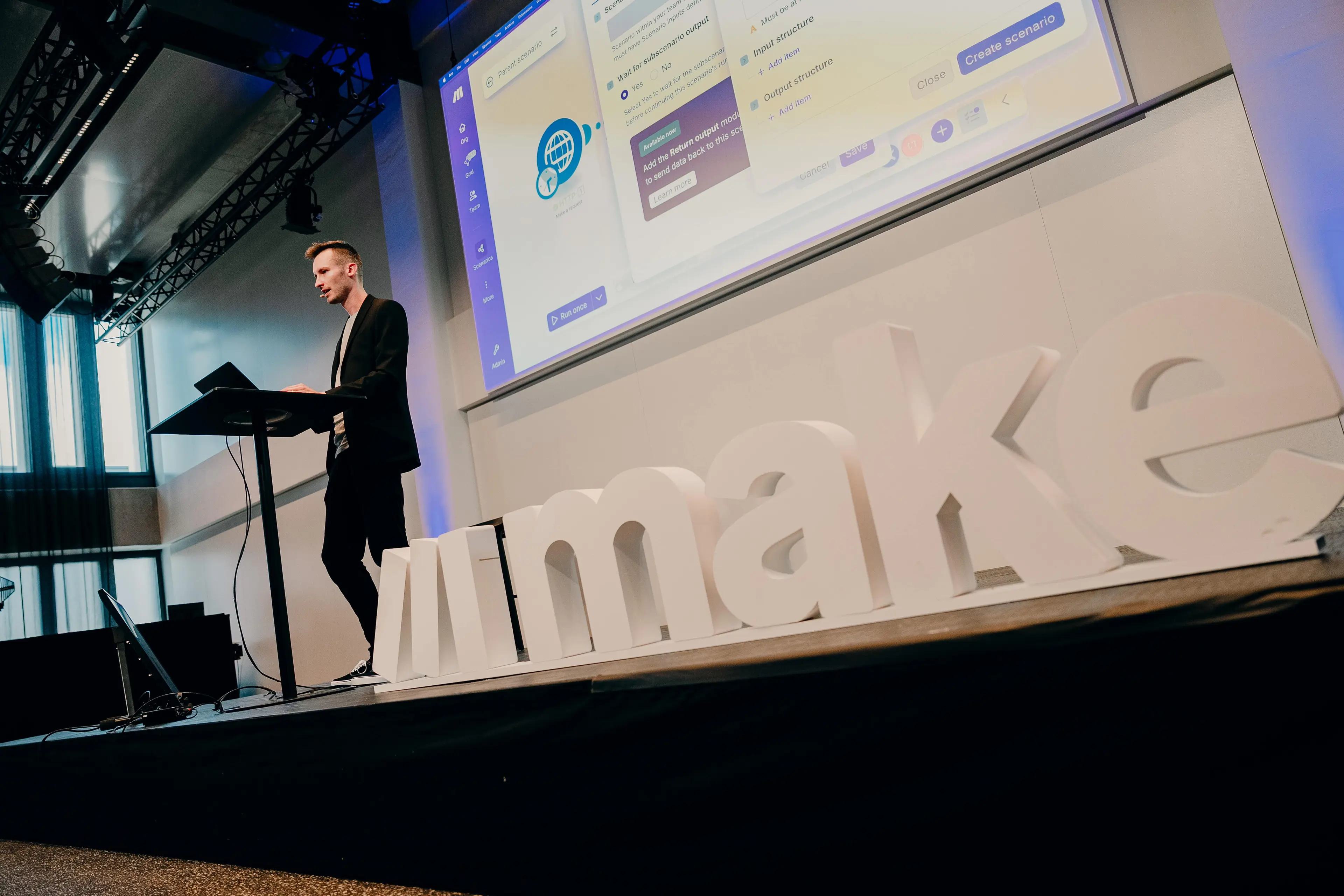 Speaker presenting on the Make stage at Waves '25