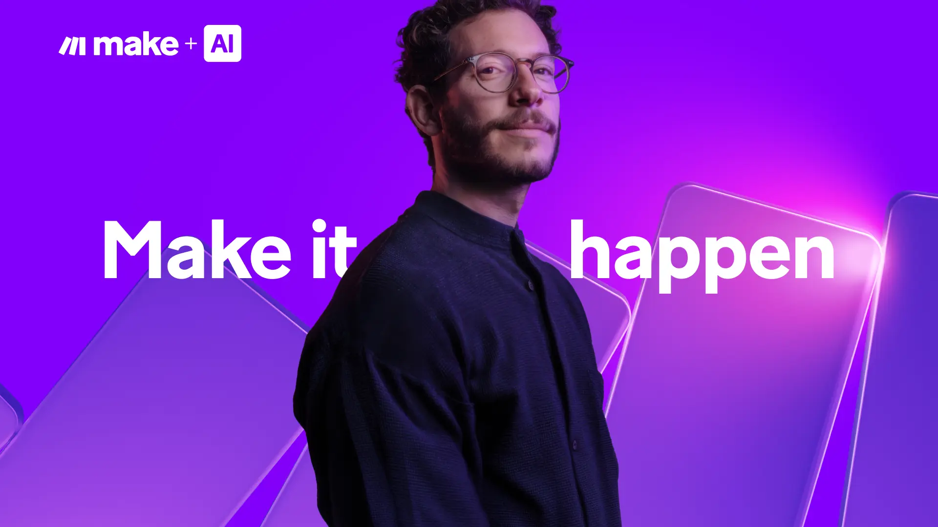 Make video thumbnail: Make it happen, with a man in front of a purple background