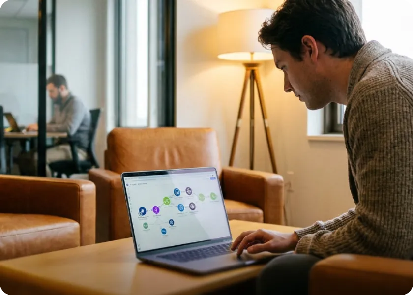 Man building a Make scenario on a laptop