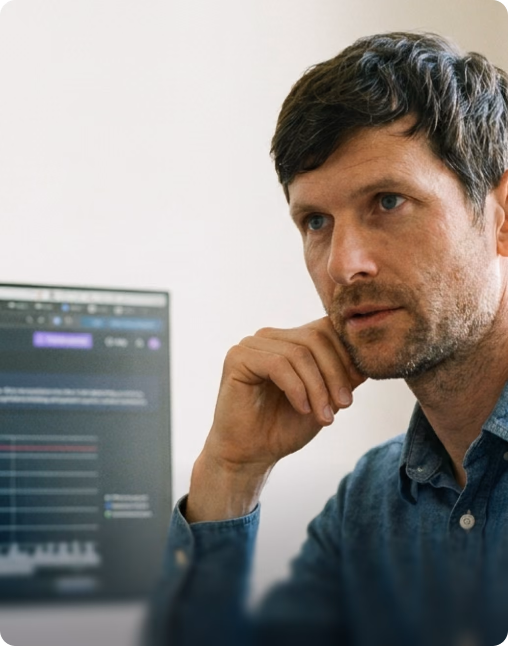 Man thinking in front of a computer screen
