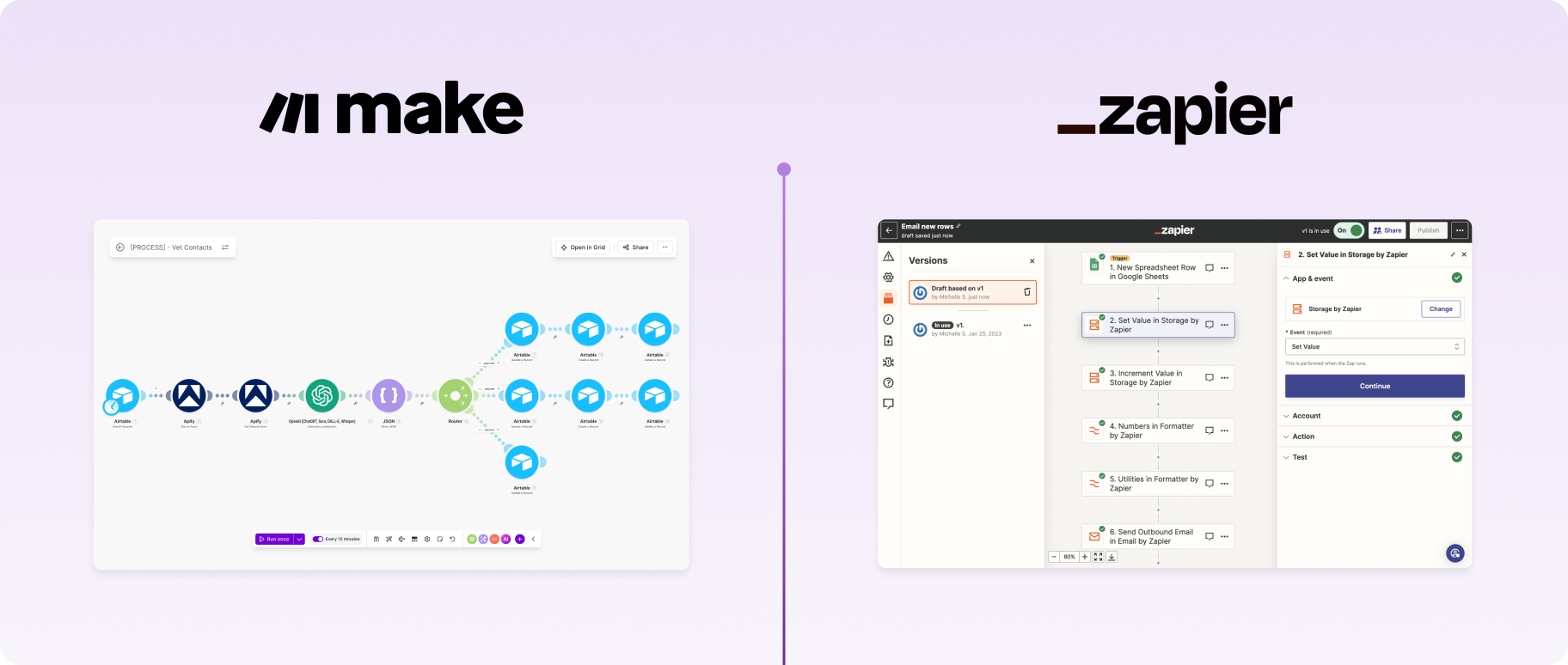 Make's visual scenario next to a linear Zapier workflow