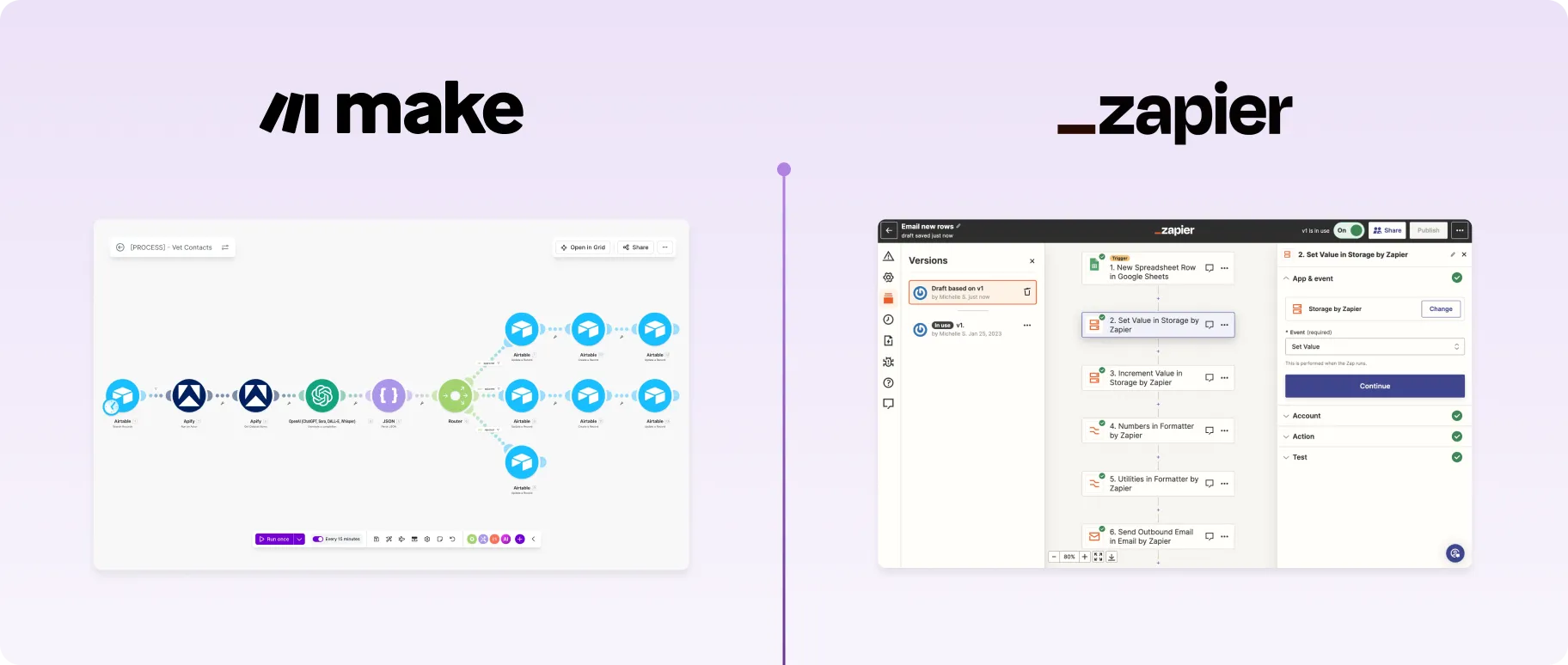 Make's visual scenario next to a linear Zapier workflow