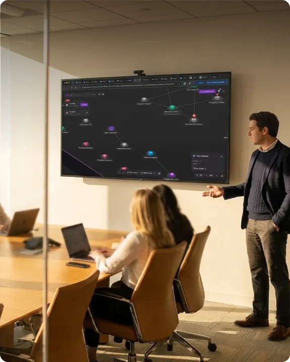 Man presenting a Make dashboard on a large screen