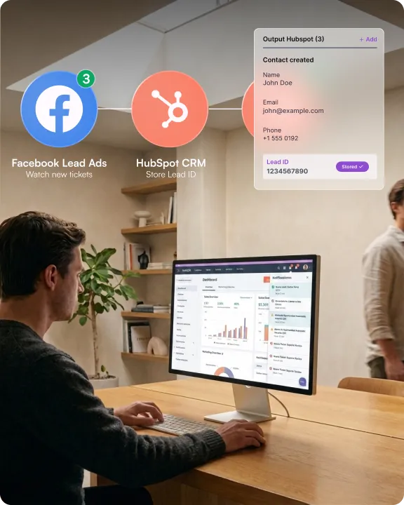 Facebook Lead Ads and HubSpot connected while a marketer reviews leads