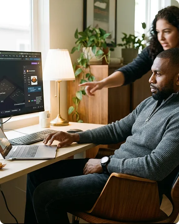 Sales team member pointing at a CRM dashboard on screen