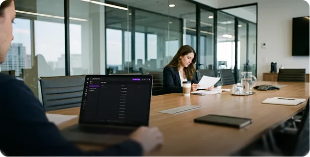 Finance team member working on a laptop in a meeting room
