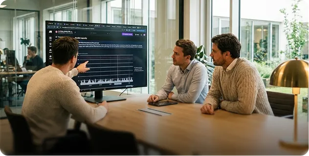 Marketing team reviewing a dashboard on a large screen