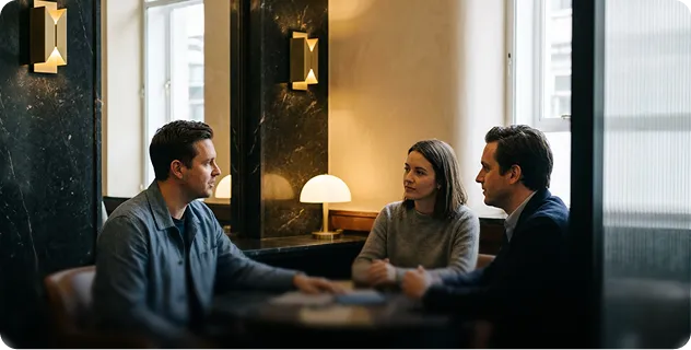 Three colleagues talking at a table