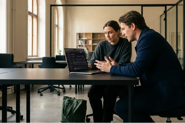 Two colleagues reviewing work on a laptop