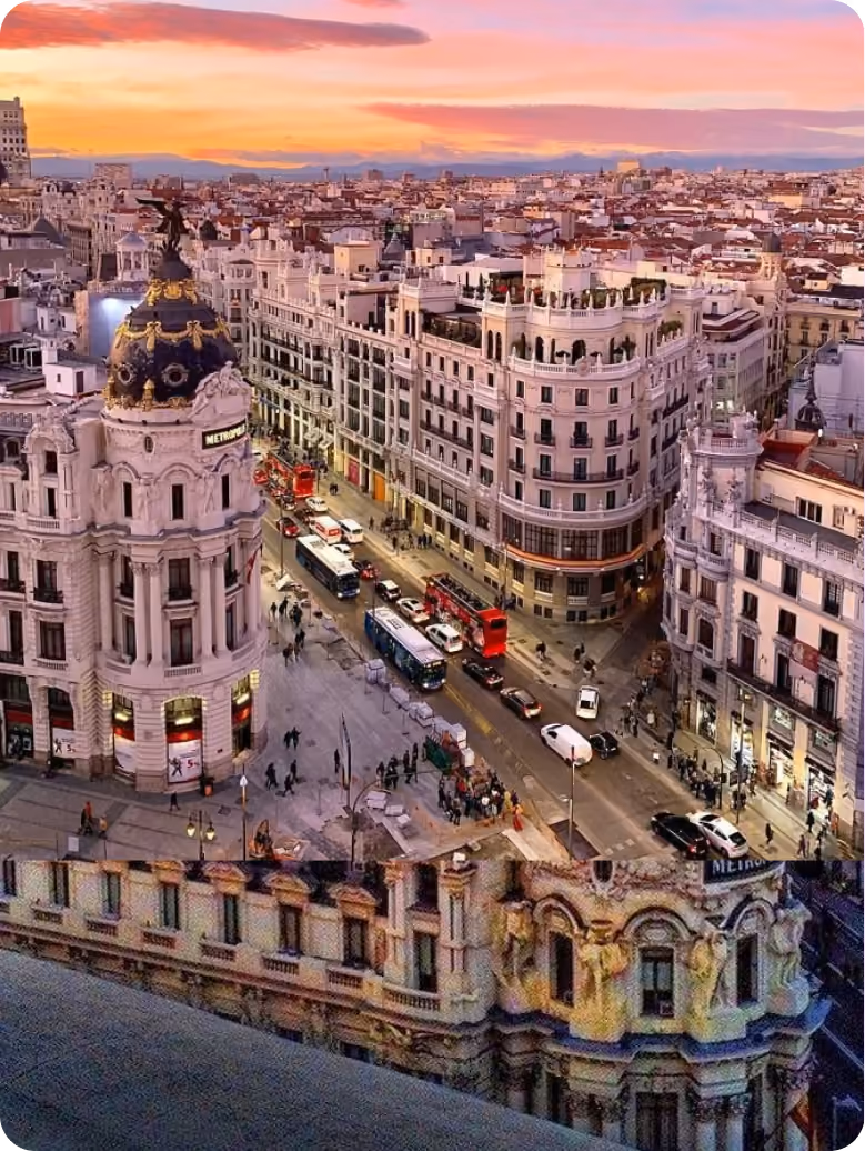 Aerial view of Madrid's Gran Vía at sunset