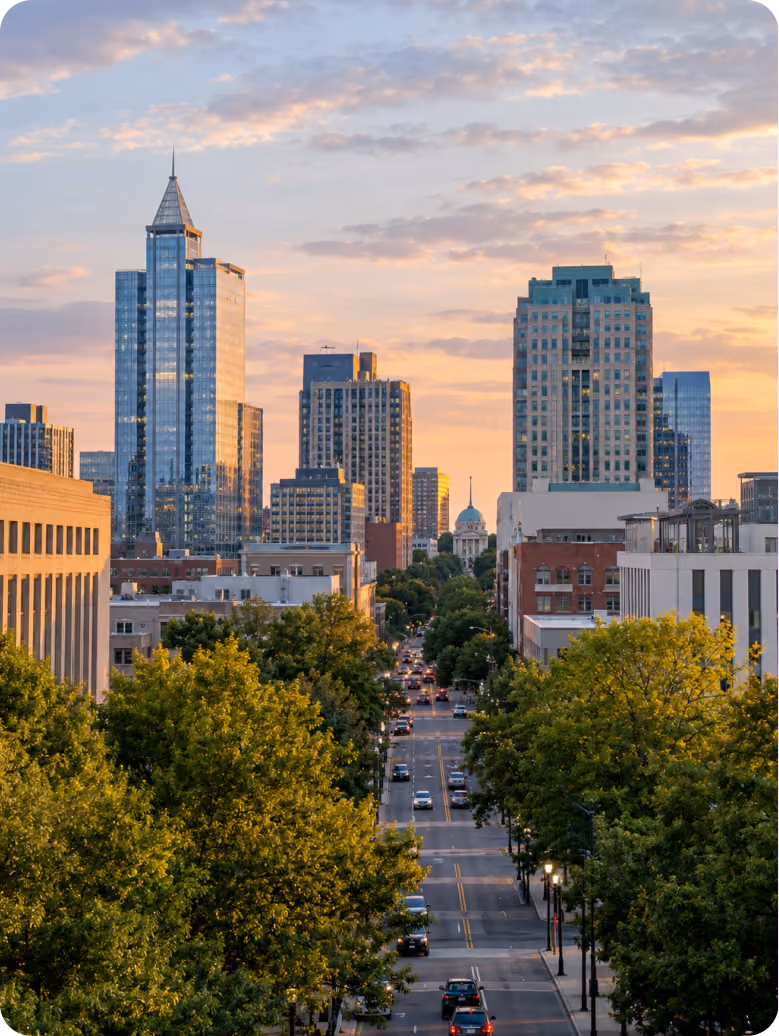 Raleigh, North Carolina skyline at sunset