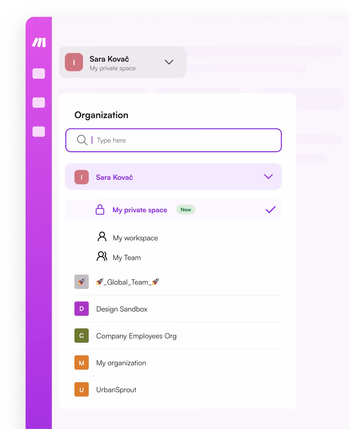Make organization switcher with separate team spaces