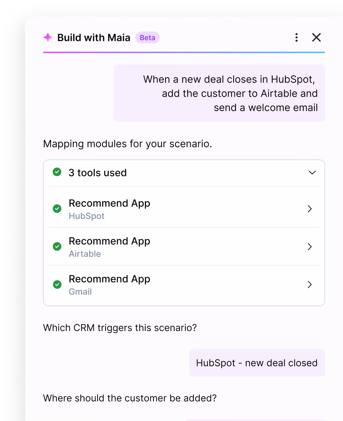 Maia building a HubSpot scenario from a prompt