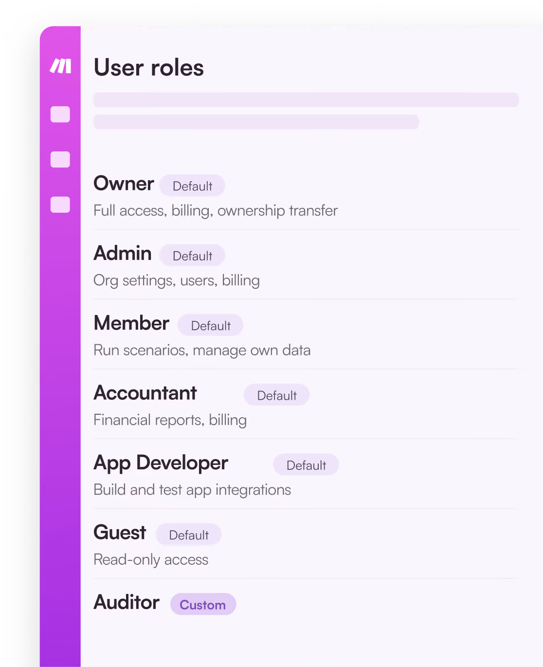 Make user roles: Owner, Admin, Member, Accountant, App Developer, Guest and Auditor