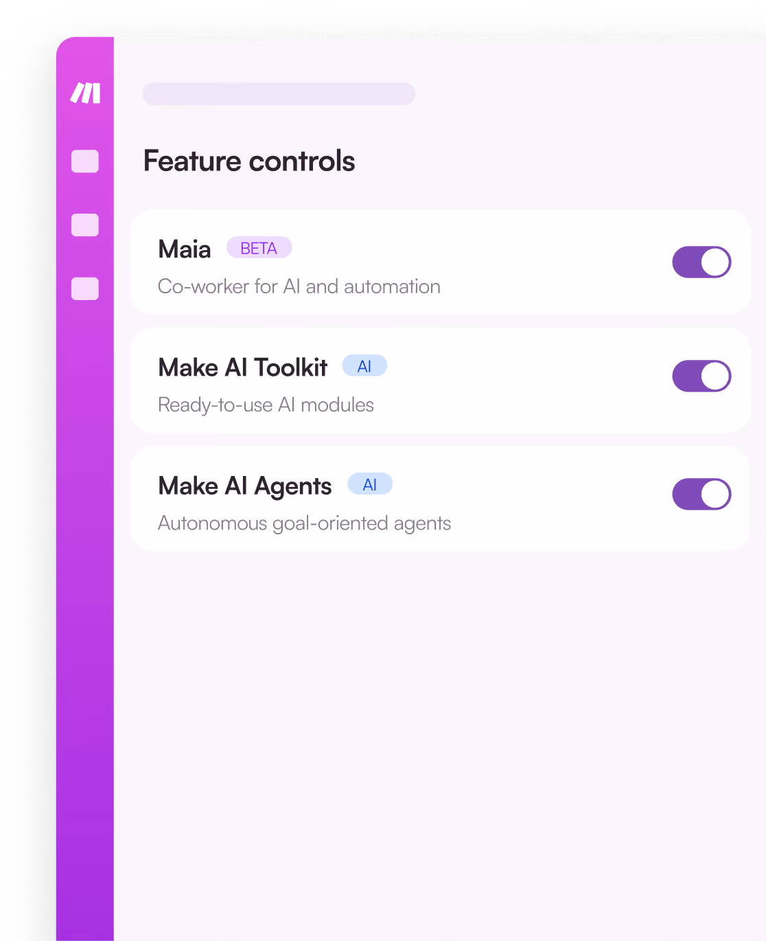 Make feature controls for Maia, Make AI Toolkit and Make AI Agents