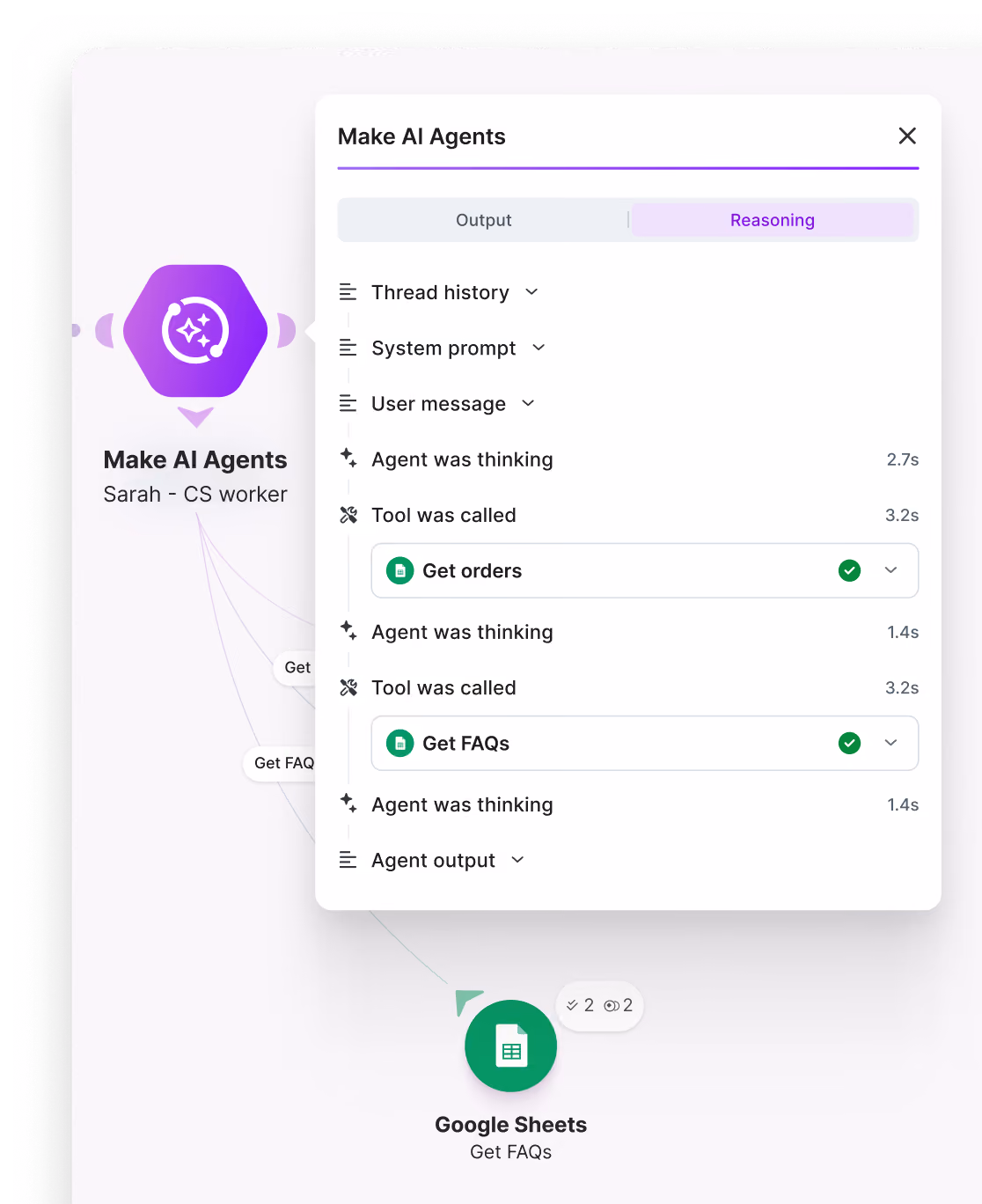 Make AI agent steps feeding a Google Sheets module