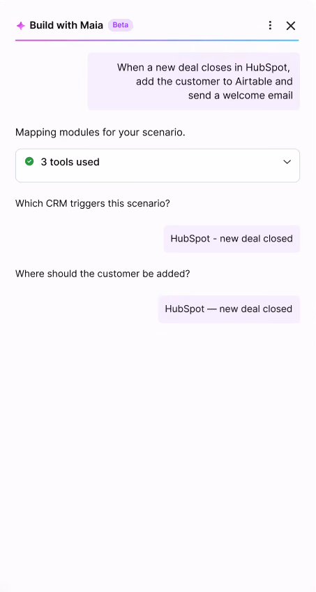Maia building a HubSpot scenario from a prompt