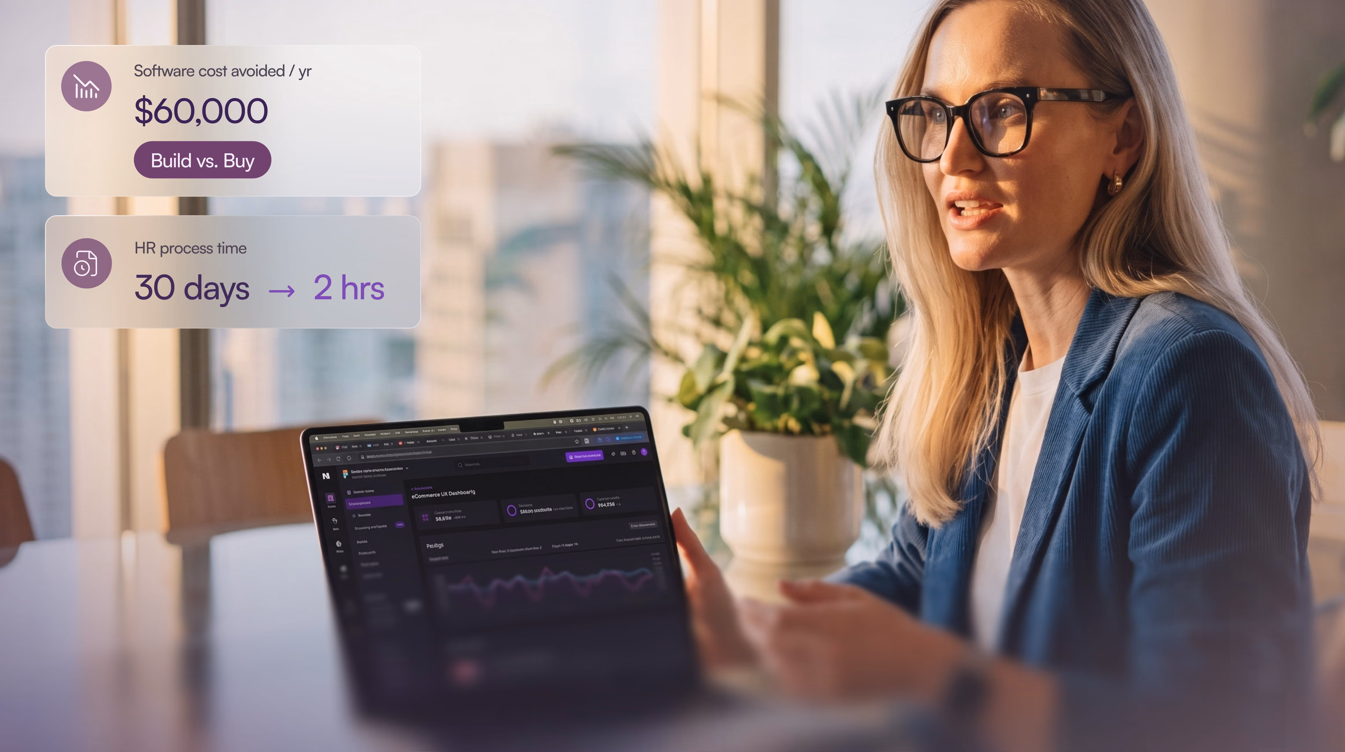Executive reviewing automation savings on a laptop
