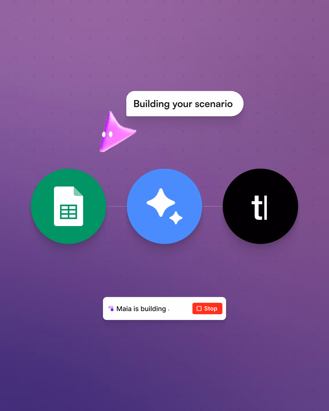 Maia building a scenario with Google Sheets and AI