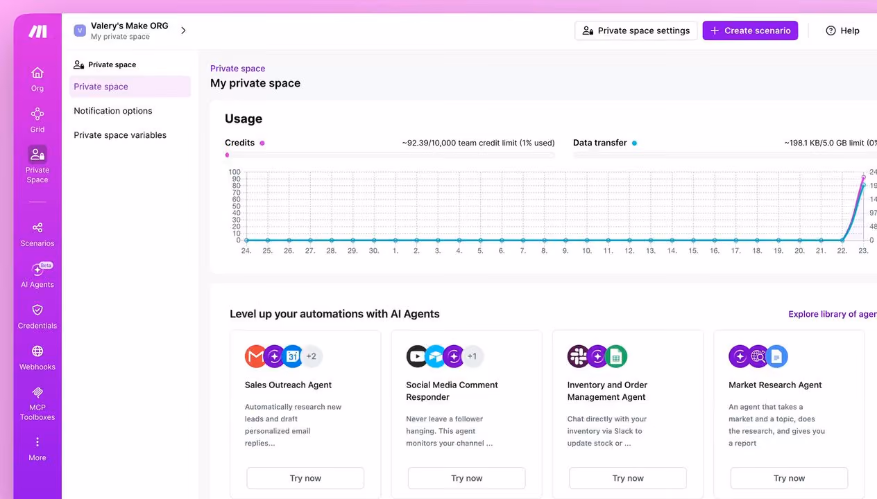 Screen recording of Private Spaces in Make, an isolated workspace for every builder
