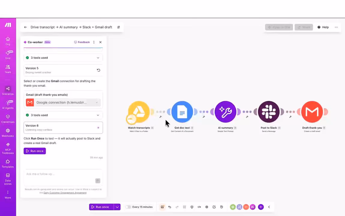 Maia by Make demo after a run: customer insights workflow shipped to Slack