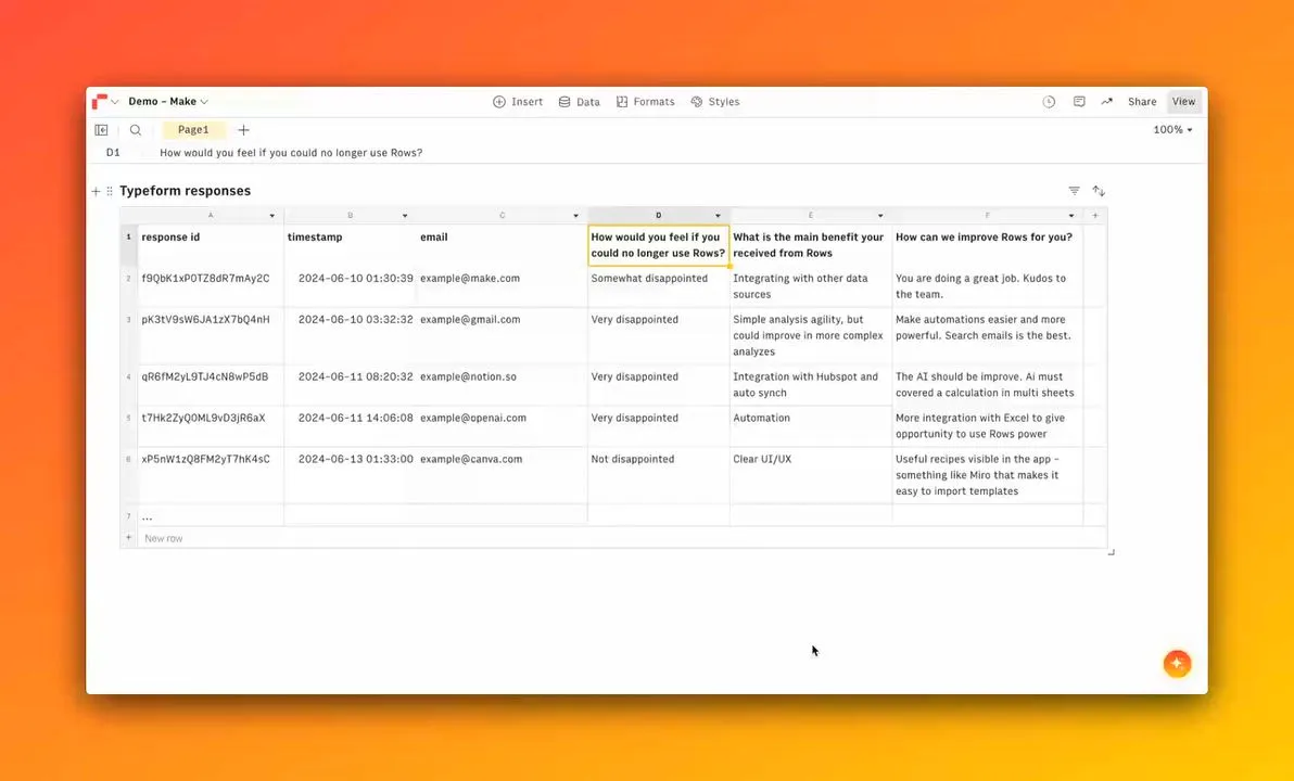 Screen recording of Rows AI classifying survey responses