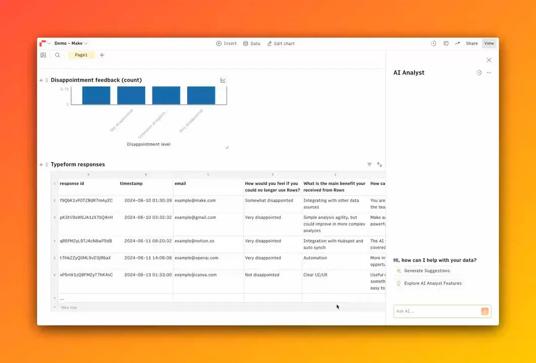 Screen recording of Rows extracting email domains from survey responses