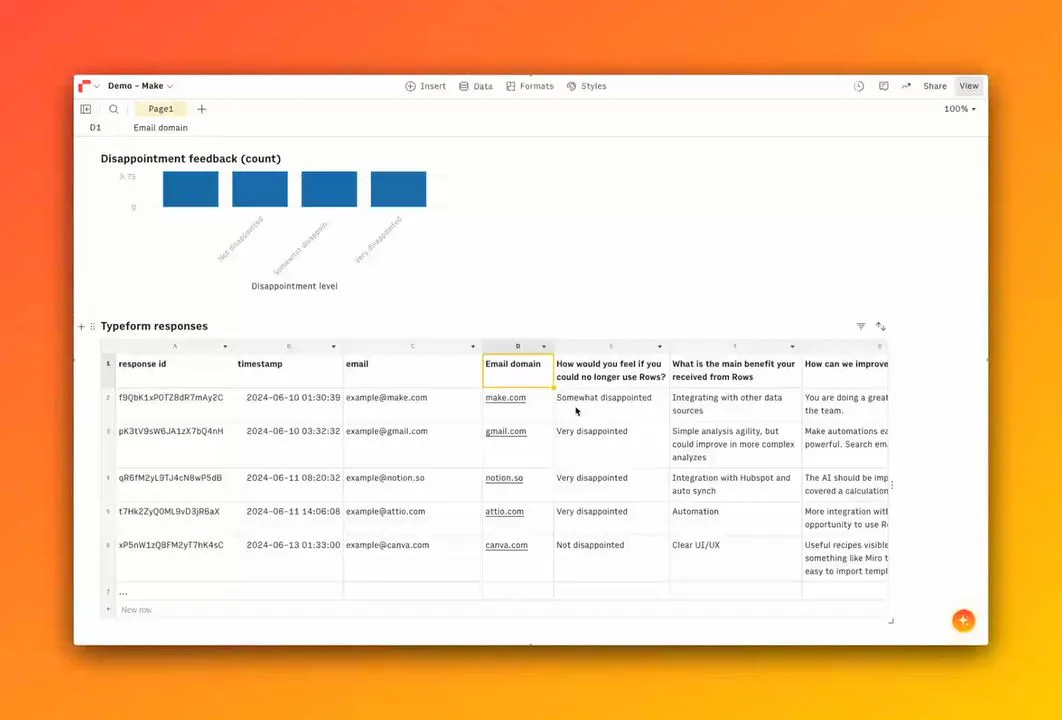 Screen recording of enriching survey data with company information in Rows
