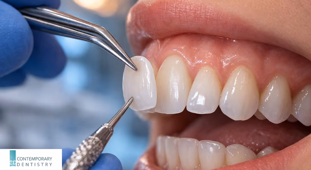 Dentist placing a porcelain veneer on a patient’s front tooth using dental tools during a cosmetic dentistry procedure.
