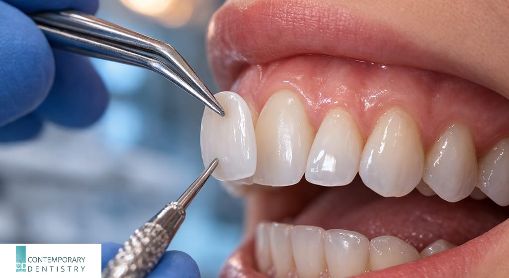 Dentist placing a porcelain veneer on a patient’s front tooth using dental tools during a cosmetic dentistry procedure.