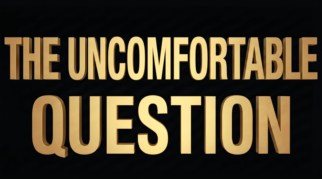 Gold 3D text reading 'THE UNCOMFORTABLE QUESTION' on a black background.