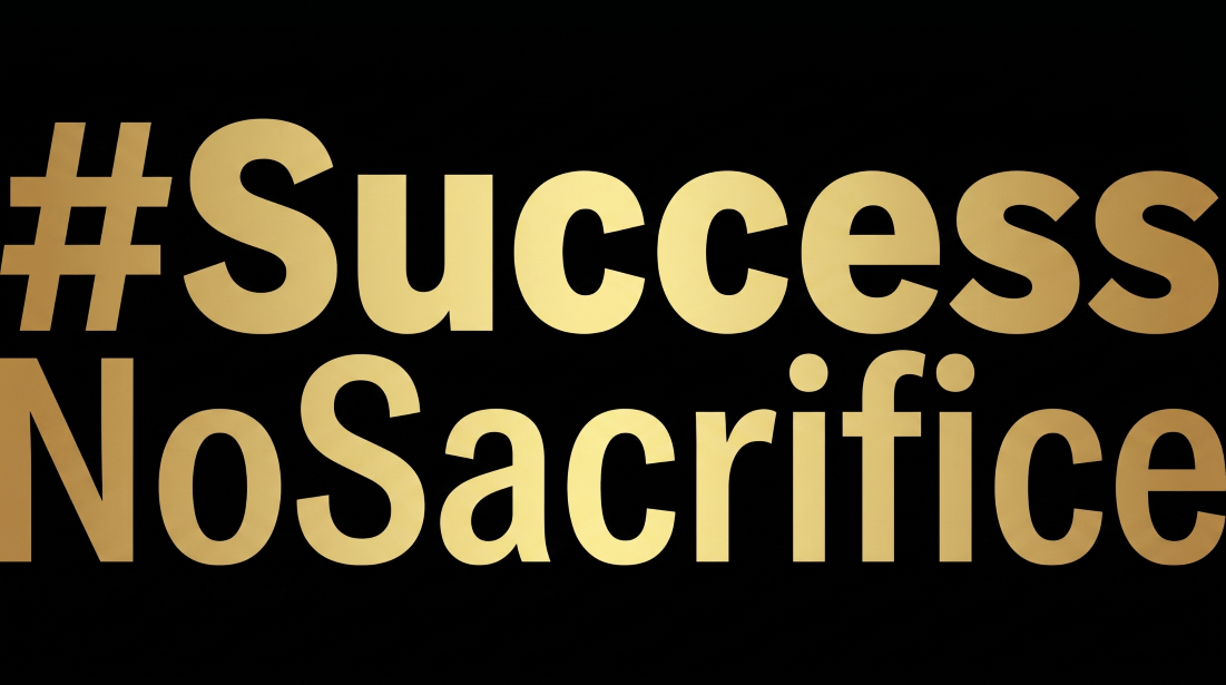 Gold gradient text on black background reading '#SuccessNoSacrifice'.