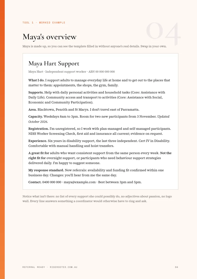 A filled-in example of the one-page service overview