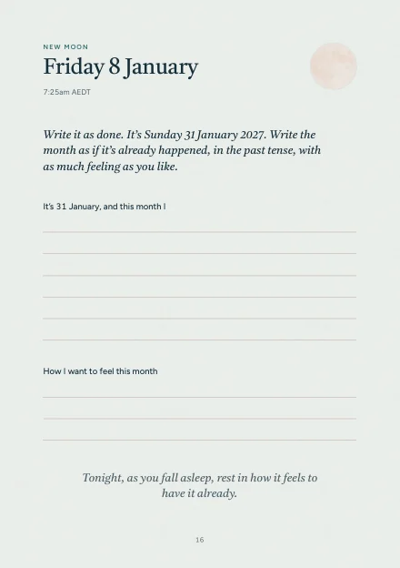 The new moon page for 8 January, for writing the month as if it’s already happened