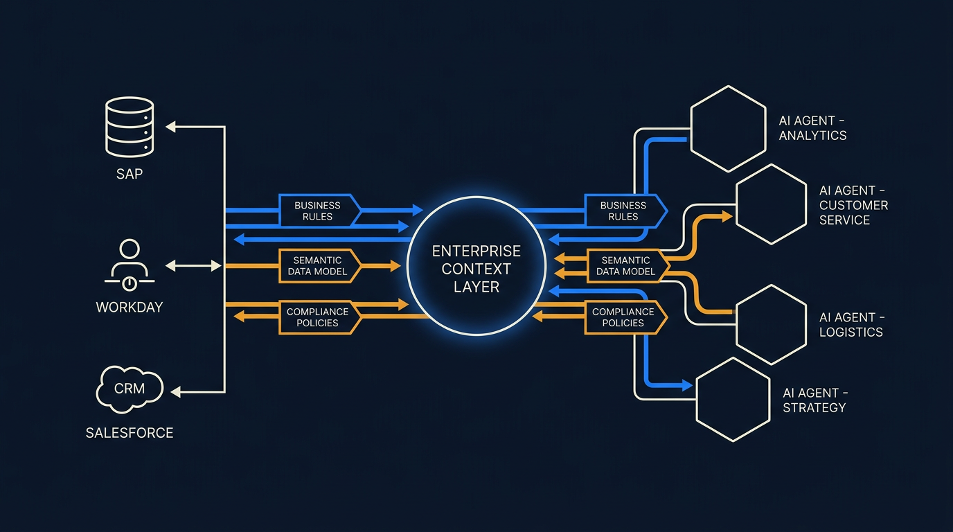 A highly detailed enterprise application architecture diagram rendered in deep navy and electric blue tones