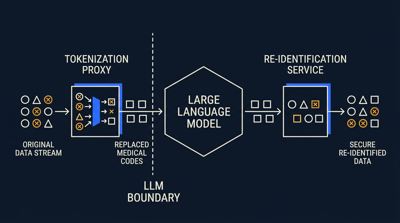 A data flow diagram showing the tokenization proxy stripping PHI and replacing it with standardized medical codes before