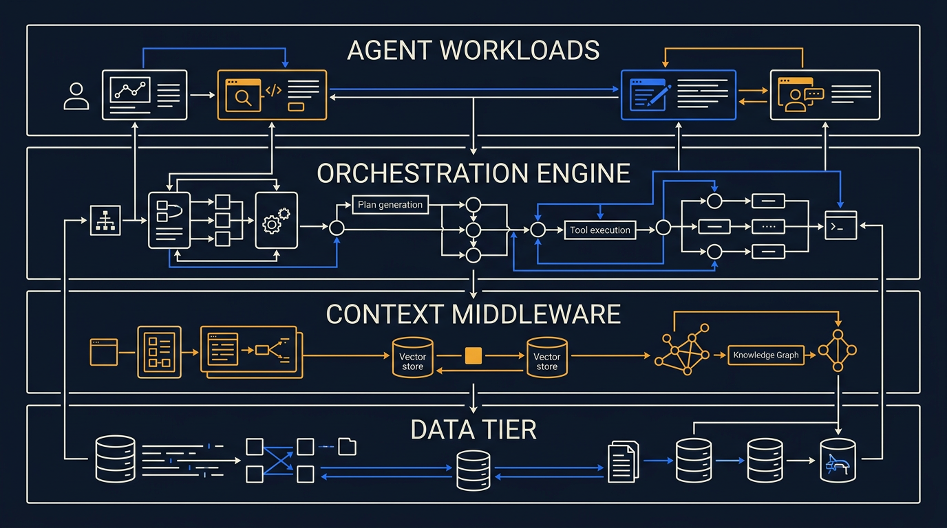 A four-layer governed AI agent architecture diagram showing the Data Tier, Context Middleware, Orchestration Engine, and