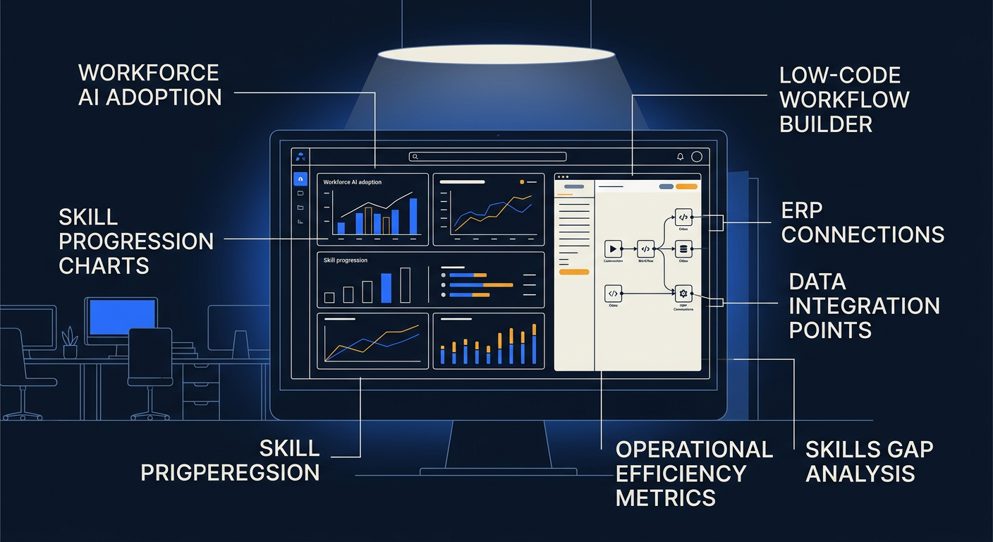 A high-resolution, professional mockup of a modern enterprise dashboard displayed on a large monitor in a sleek open-pla
