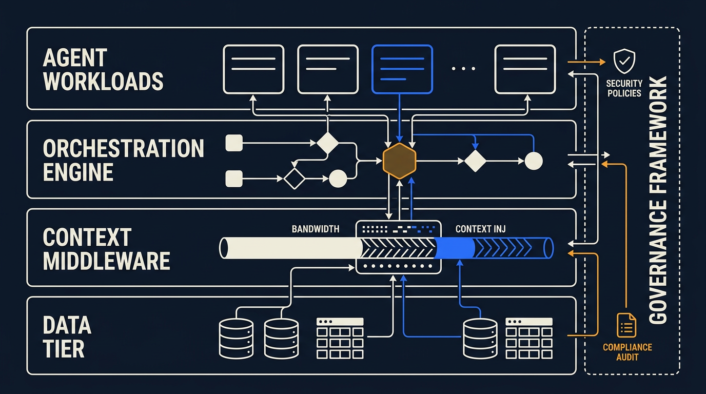 A four-layer governed AI agent architecture diagram showing the Data Tier, Context Middleware, Orchestration Engine, and