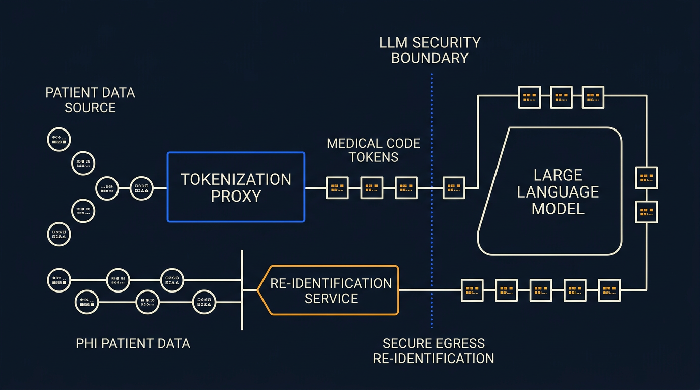 A data flow diagram showing the tokenization proxy stripping PHI and replacing it with standardized medical codes before