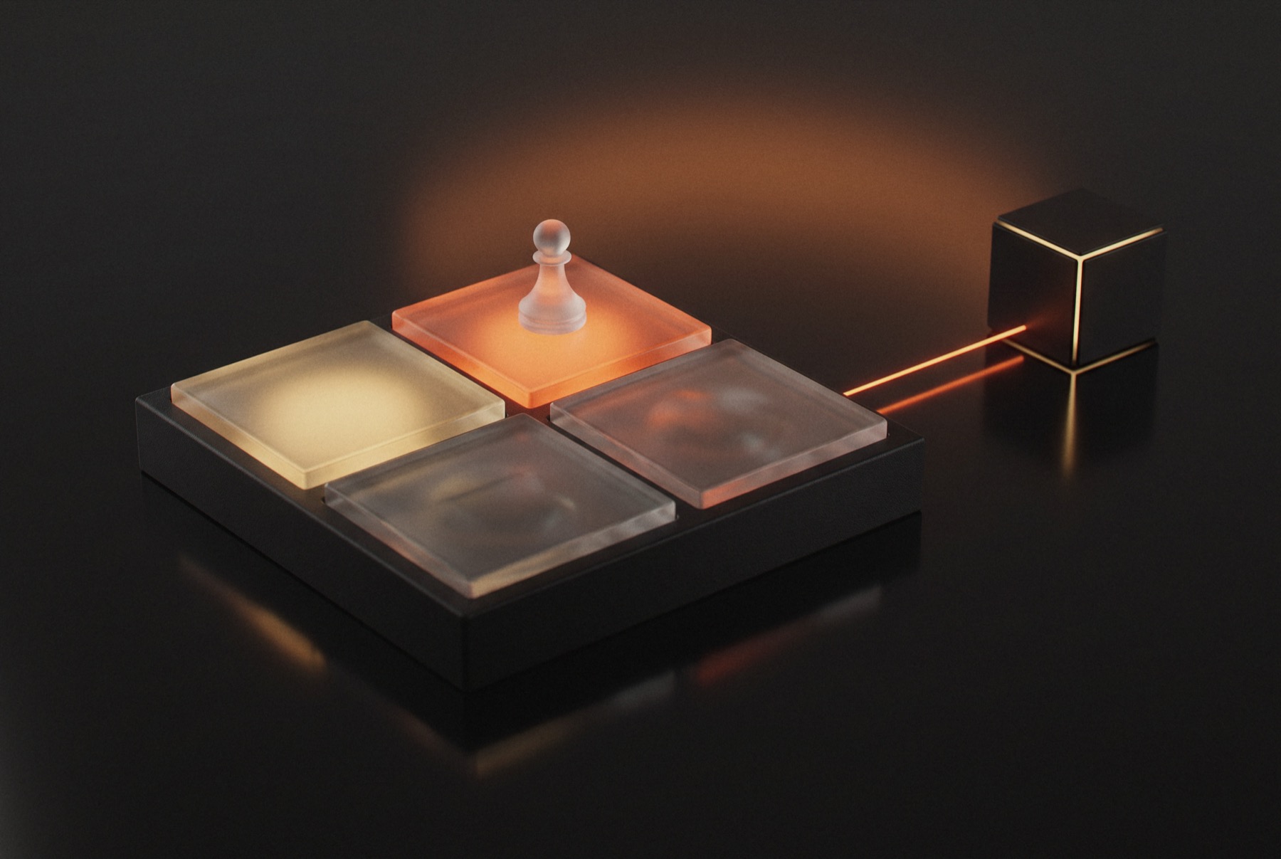 A frosted glass marker stands on the glowing orange tile of a two by two board, with a light line running to a dark system cube