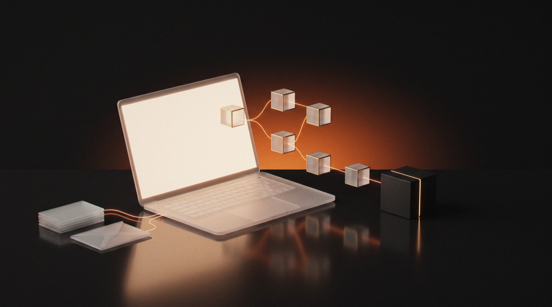 A frosted glass laptop sends a glowing orange workflow of connected blocks into a dark system cube, with documents and an envelope feeding in from the side