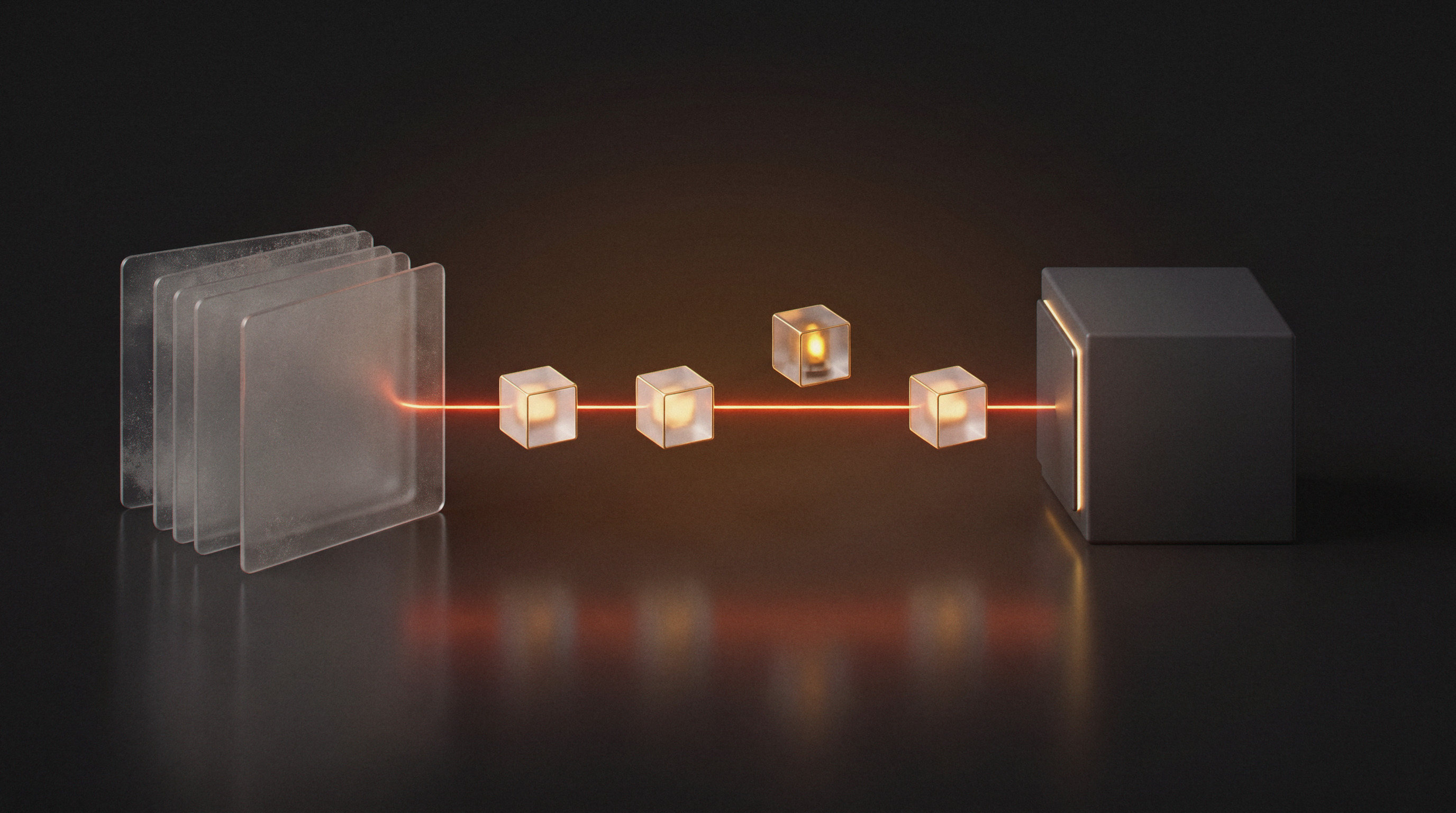 A stack of unused frosted-glass slides on a dark surface sends a single orange line through a chain of lit glass cubes, one raised above the line as a human checkpoint, into a running charcoal machine block