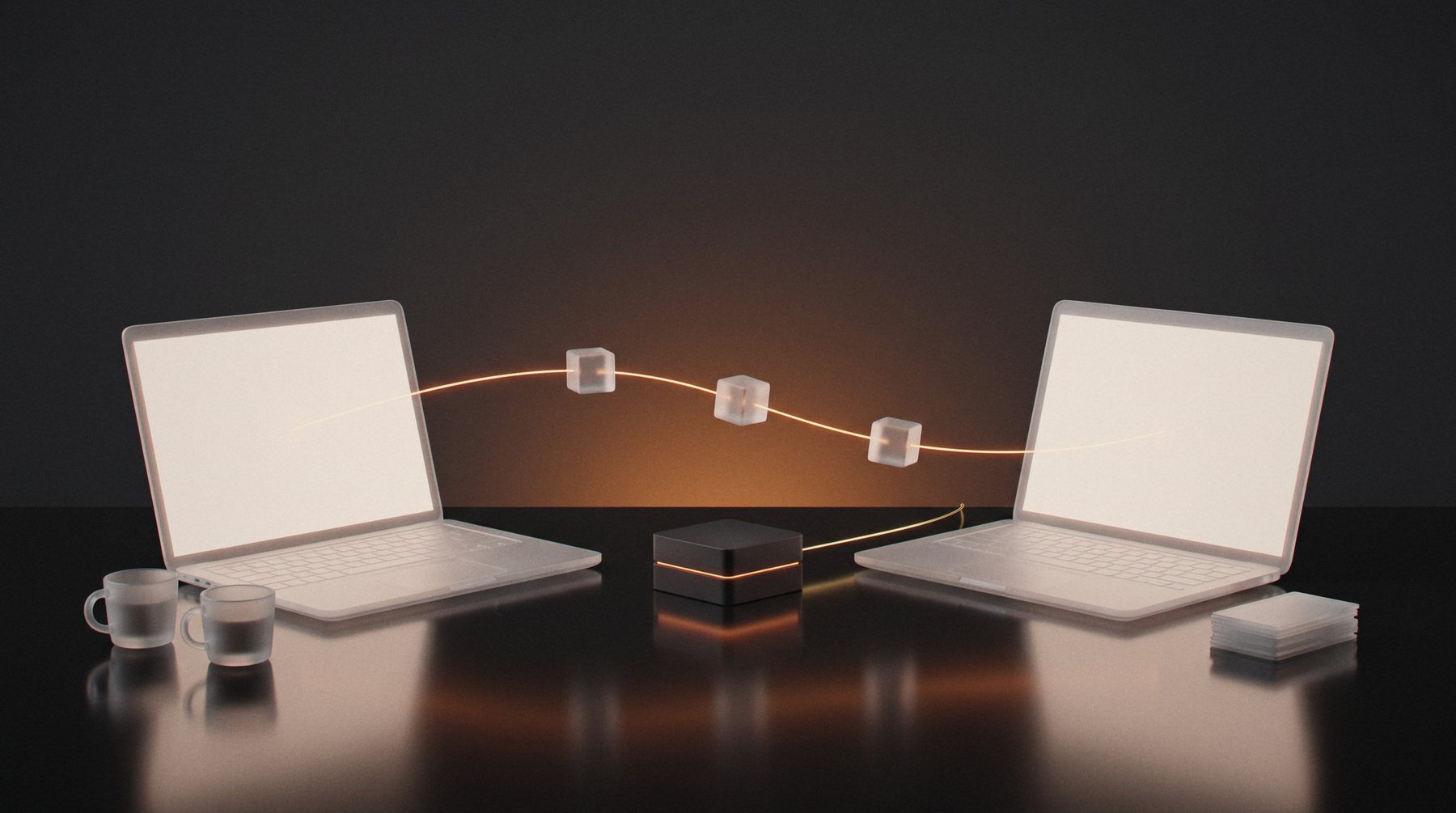 Two frosted glass laptops facing each other on a dark table, joined by one glowing orange workflow line through three floating node cubes, with a small server block between them