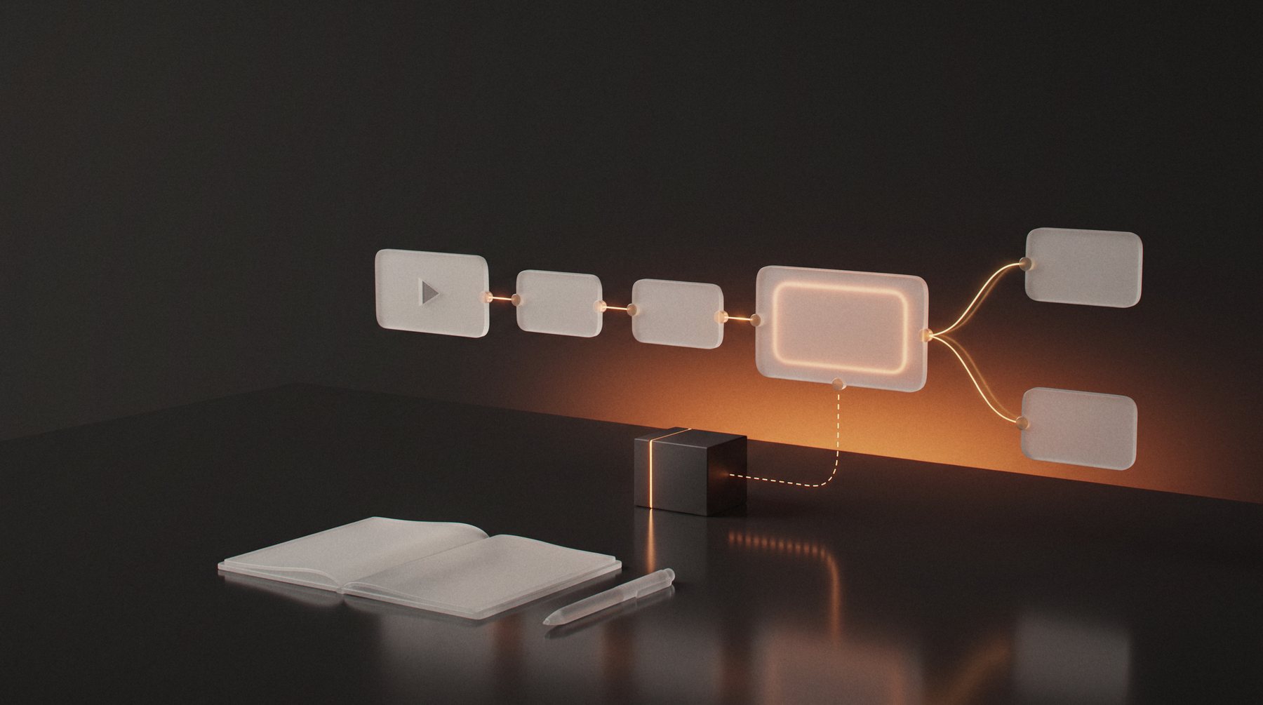 A row of frosted glass workflow nodes joined by glowing orange connectors, branching in two after a highlighted AI step, with a server cube and an open notebook on a dark desk