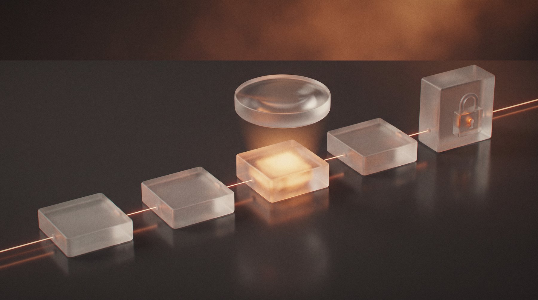 A row of frosted glass workflow blocks joined by an orange light line, with a glass lens inspecting one glowing block and a padlock sealing the last