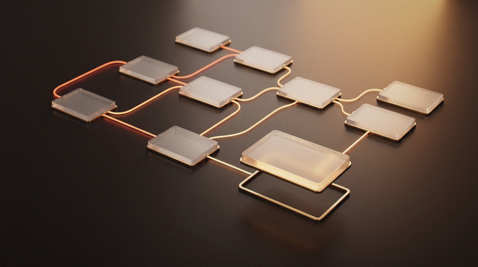 Frosted glass workflow nodes joined by orange light lines on a dark bench, with one new node lowered into an empty slot.