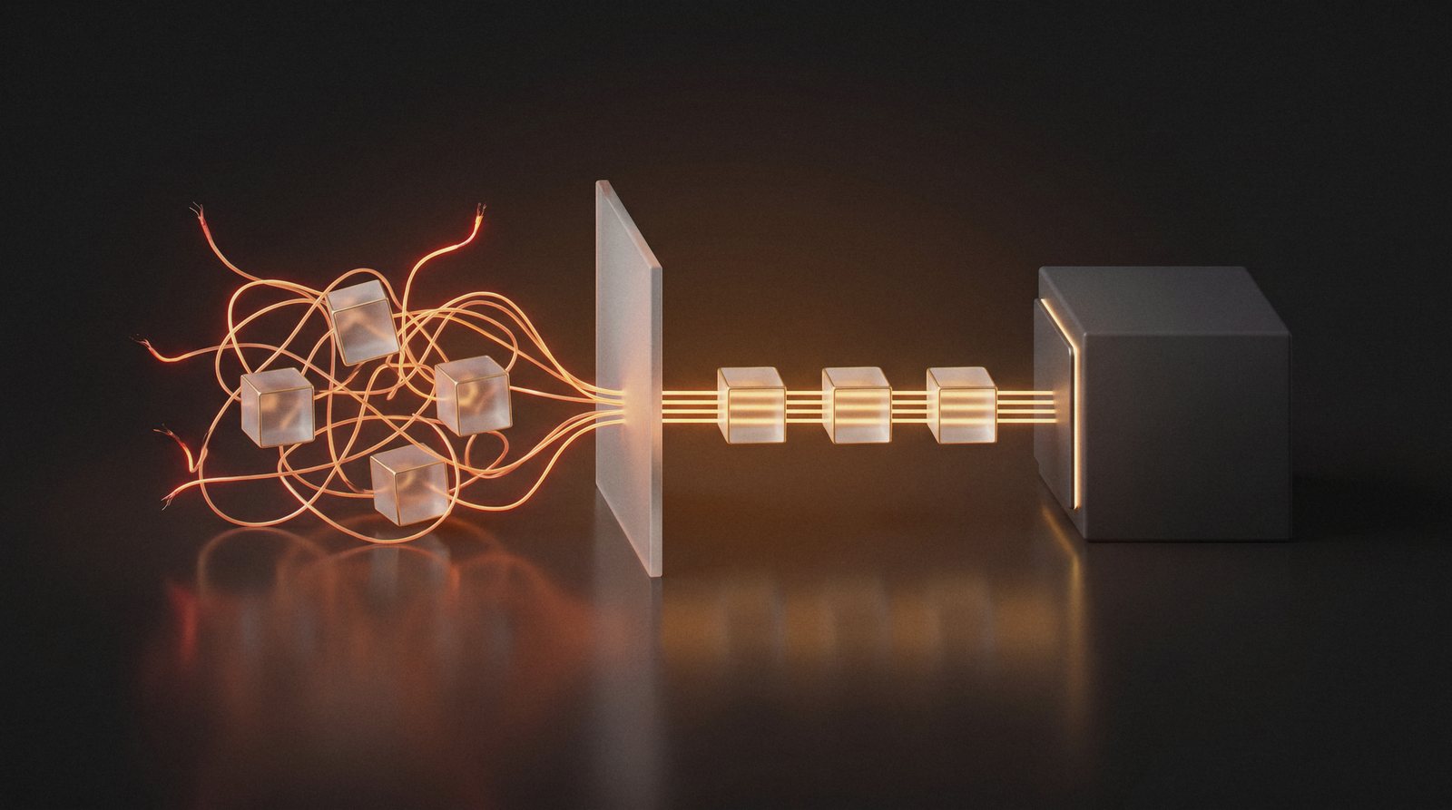 Tangled orange light lines around cloudy glass cubes pass through a frosted panel and come out as straight parallel lines through clear cubes.