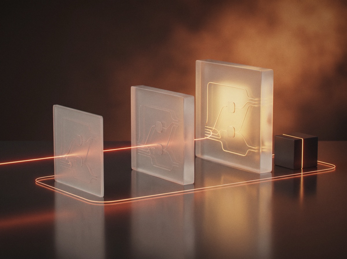 Three frosted glass panels in a row, standing for development, staging and production, with one orange line passing through all three